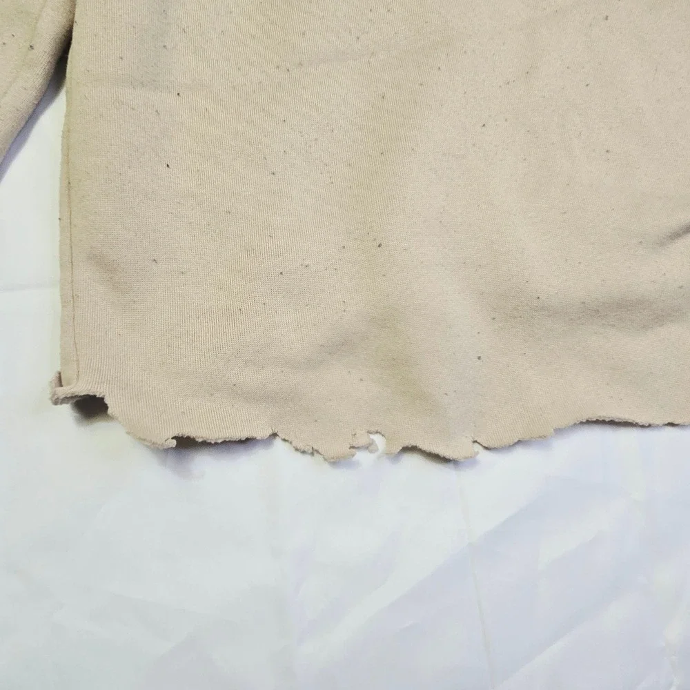Men's Love Never Fails Fleece Hoodie Size M Beige Distressed Raw Hem T3